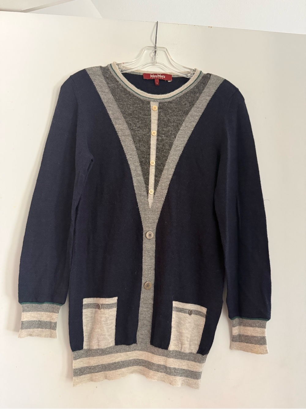 Max Mara Studio Alpaca Wool Blend Colorblock V-Inset Preppy Chevron Sweater Sz S